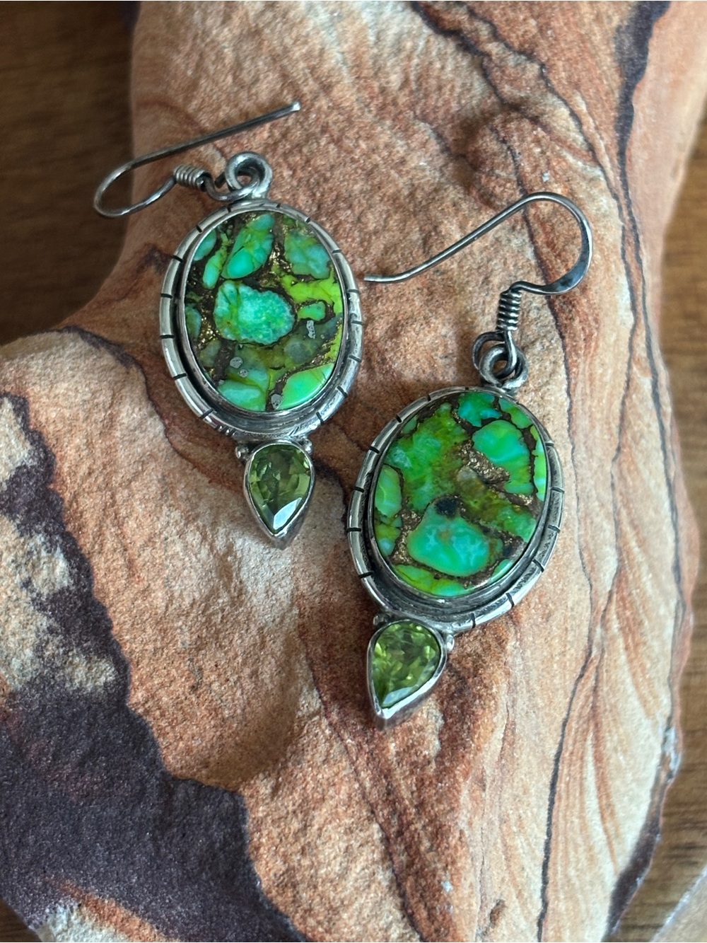 Sterling Green Turquoise Copper Mosaic Drop Earrings Faceted Peridot Teardrop